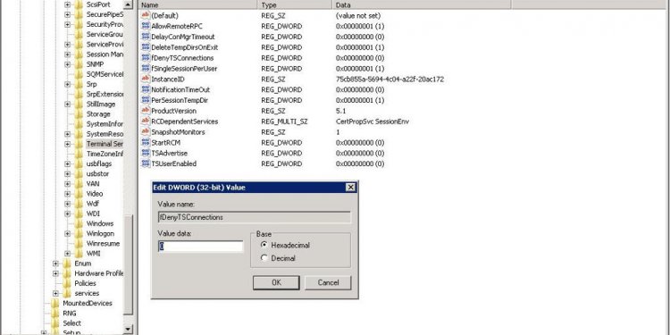 HKEY_LOCAL_MACHINE system CurrentControlSet control Terminal Server